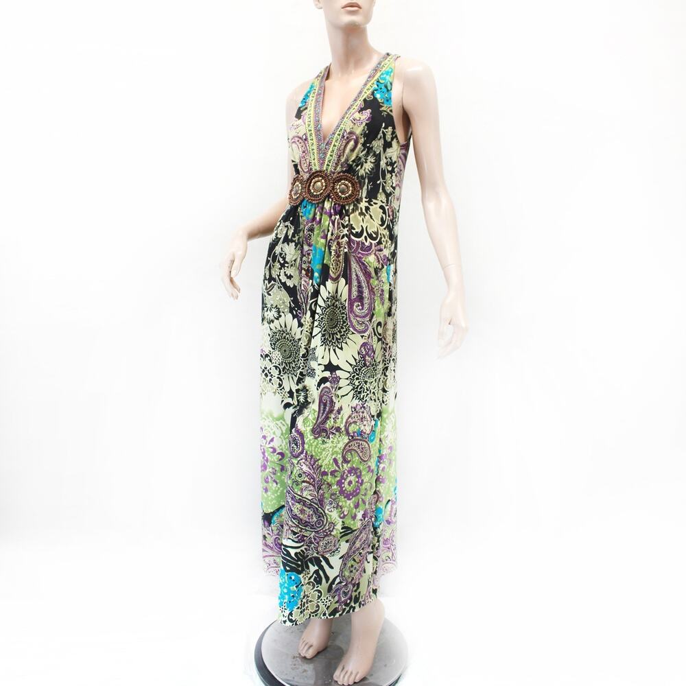 Ice brand Y2K paisley floral print beaded waist maxi dress resort cruise sz 12